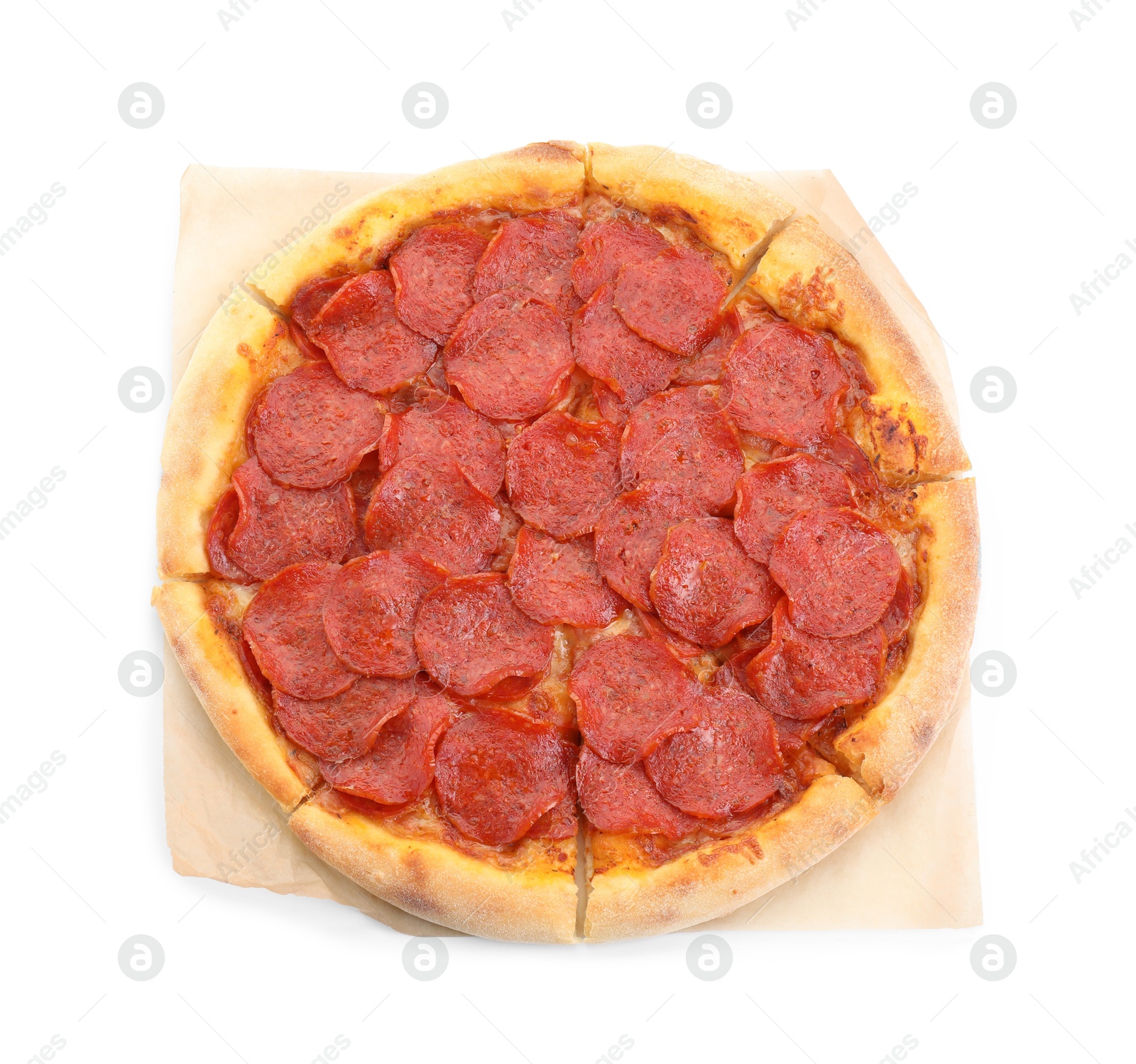 Photo of Tasty hot pepperoni pizza isolated on white, top view