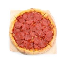 Photo of Tasty hot pepperoni pizza isolated on white, top view