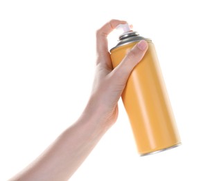 Photo of Man with can of spray paint on white background, closeup