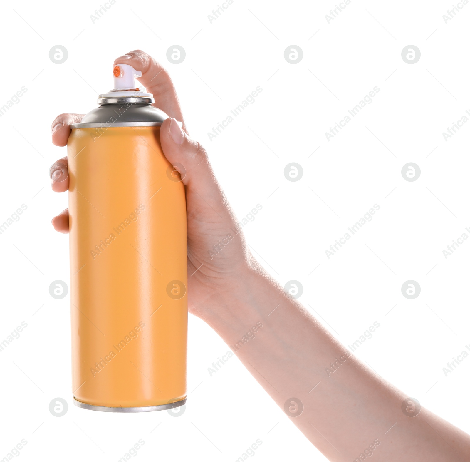 Photo of Man with can of spray paint on white background, closeup