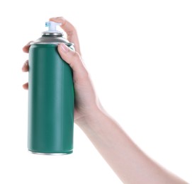 Photo of Man with can of spray paint on white background, closeup