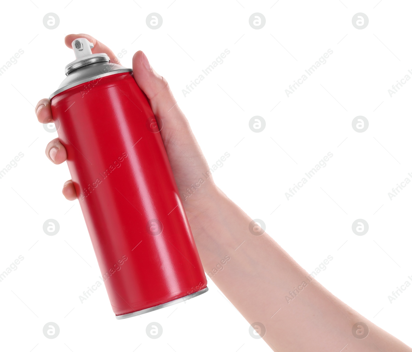 Photo of Man with can of spray paint on white background, closeup