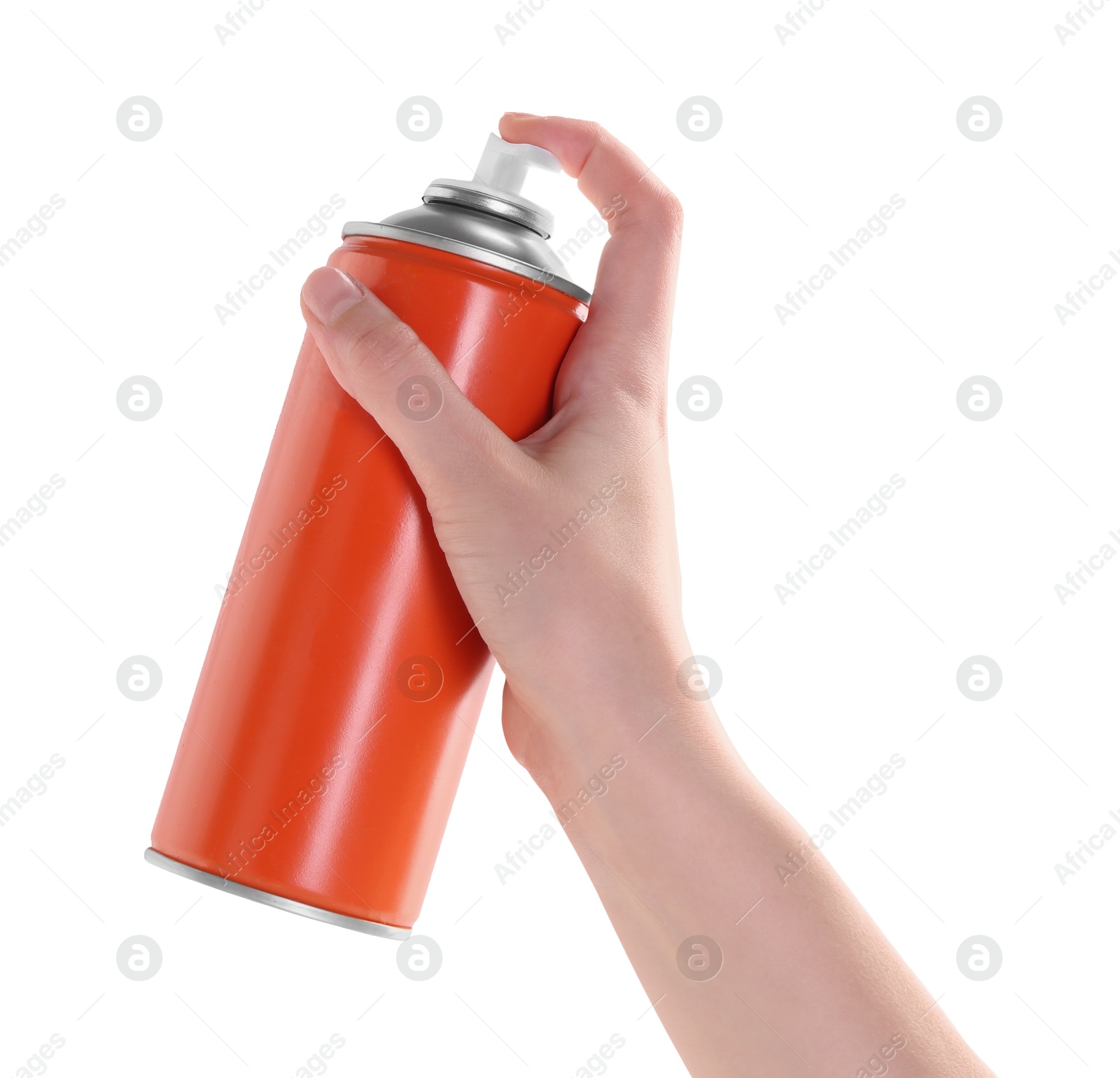 Photo of Man with can of spray paint on white background, closeup