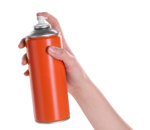 Photo of Man with can of spray paint on white background, closeup