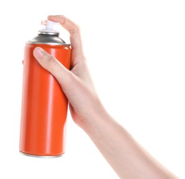 Photo of Man with can of spray paint on white background, closeup