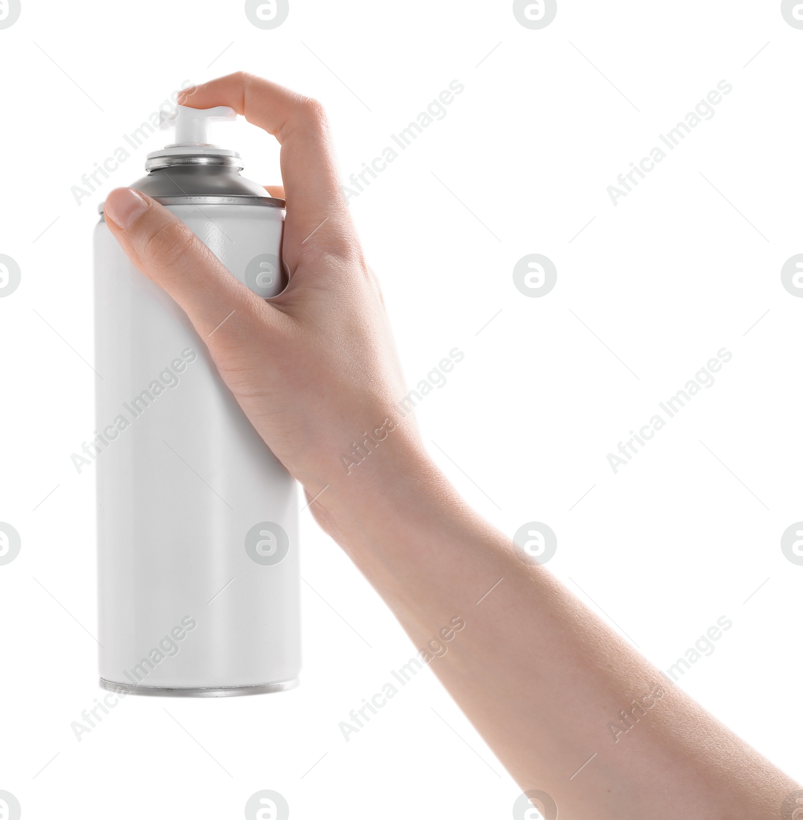 Photo of Man with can of spray paint on white background, closeup