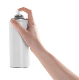 Photo of Man with can of spray paint on white background, closeup