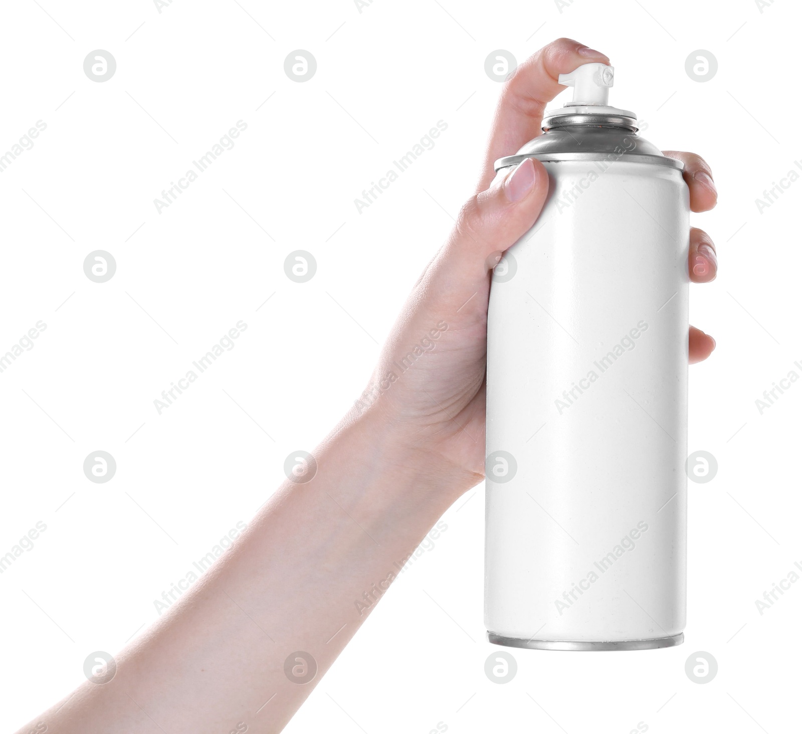 Photo of Man with can of spray paint on white background, closeup