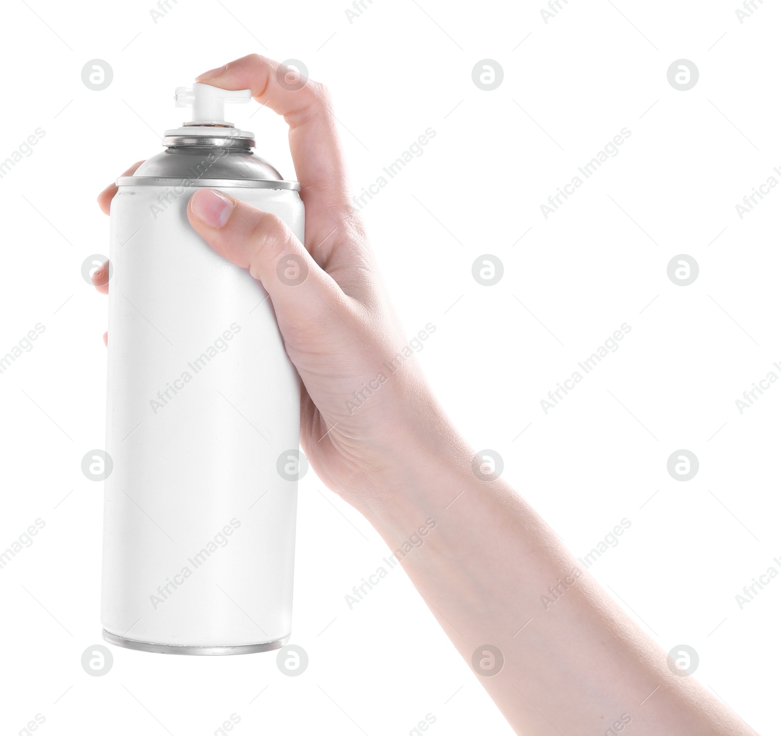 Photo of Man with can of spray paint on white background, closeup