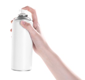 Photo of Man with can of spray paint on white background, closeup