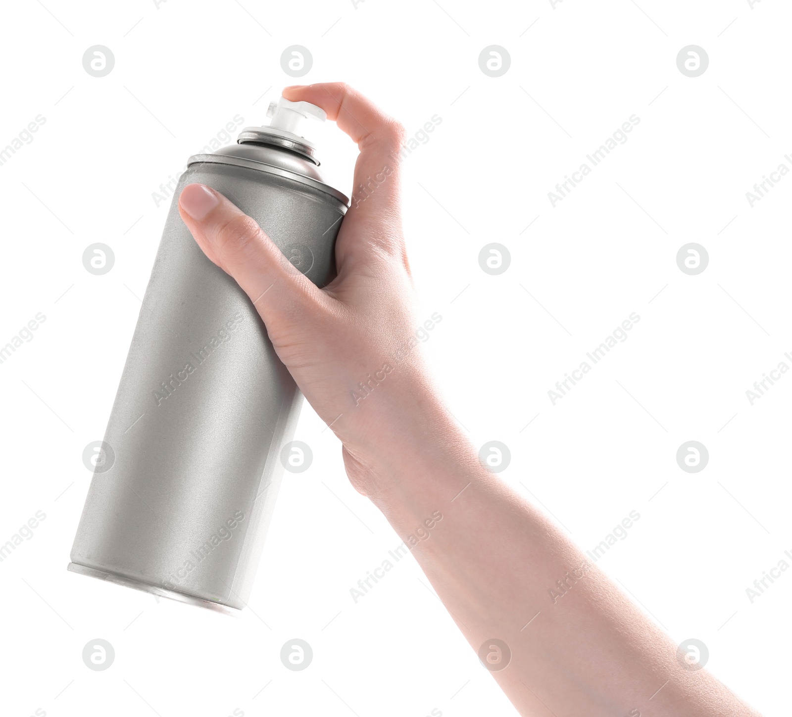 Photo of Man with can of spray paint on white background, closeup