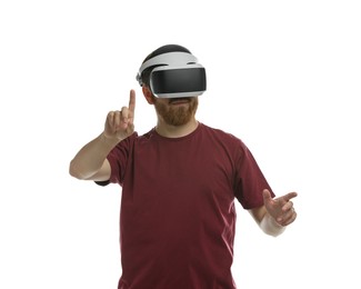 Man using virtual reality headset on white background