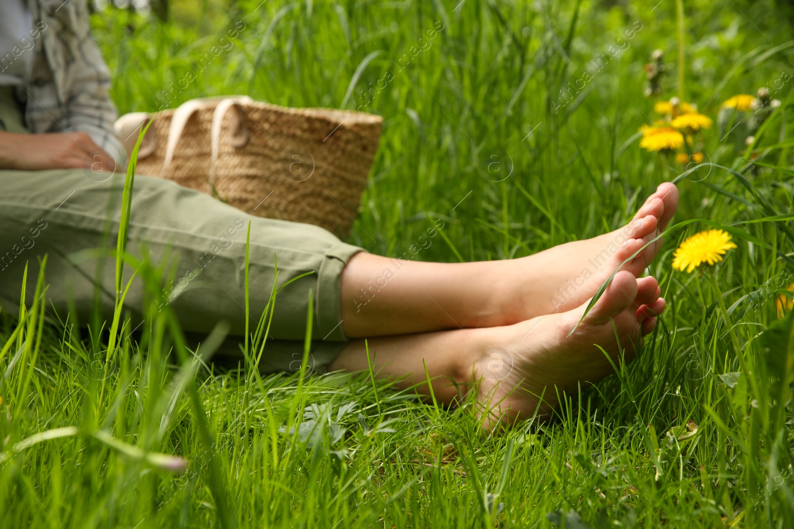 Photo of Woman sitting barefoot on green grass outdoors, closeup