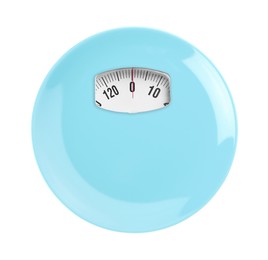 Light blue plate with analog weighing scale display isolated on white, top view