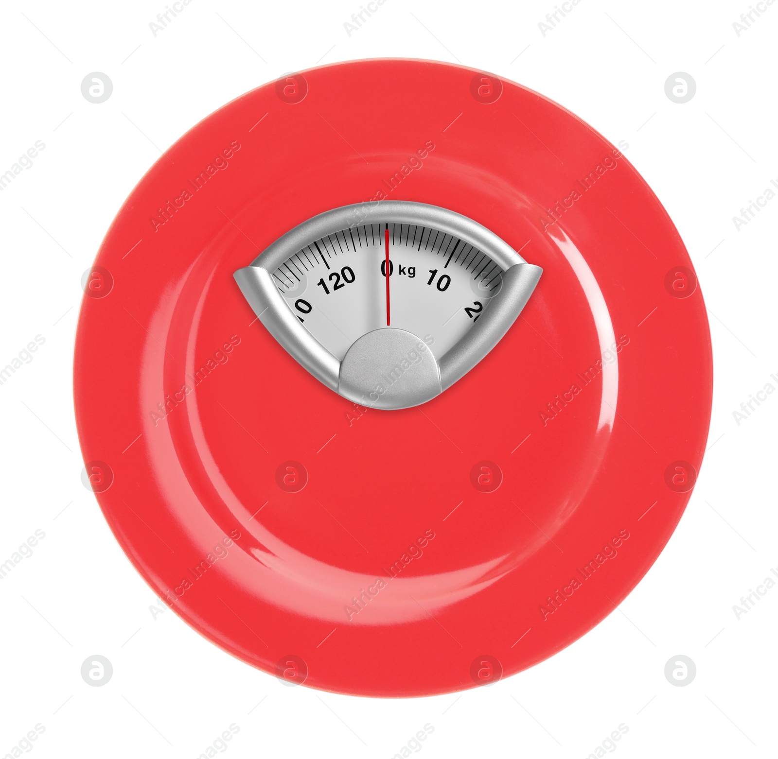 Image of Red plate with analog weighing scale display isolated on white, top view