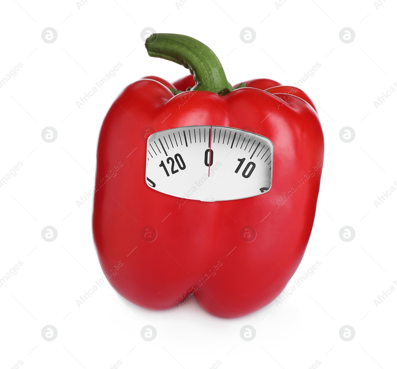 Image of Red bell pepper with analog weighing scale display isolated on white