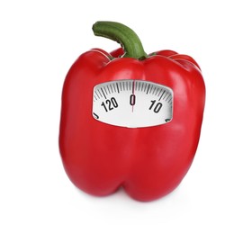 Red bell pepper with analog weighing scale display isolated on white