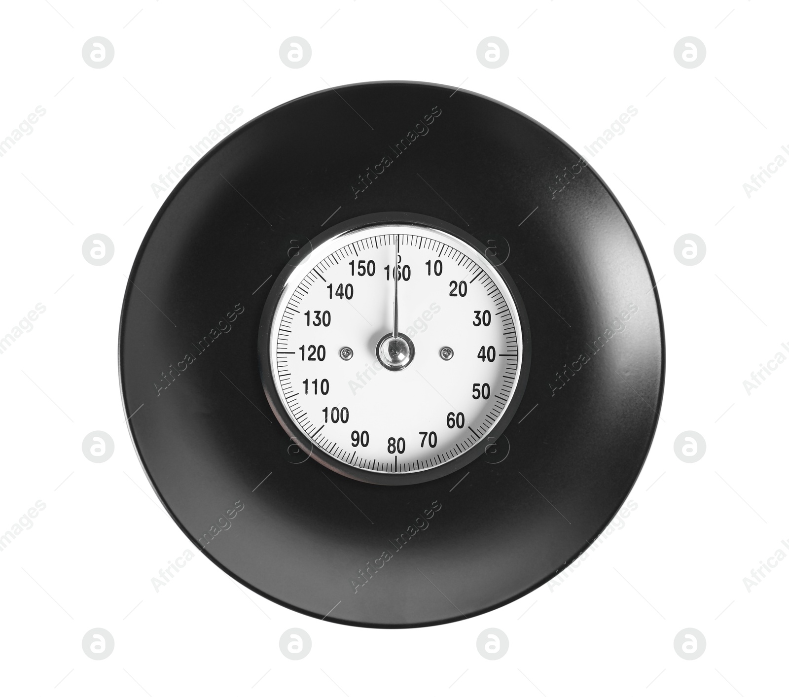 Image of Black plate with analog weighing scale display isolated on white, top view