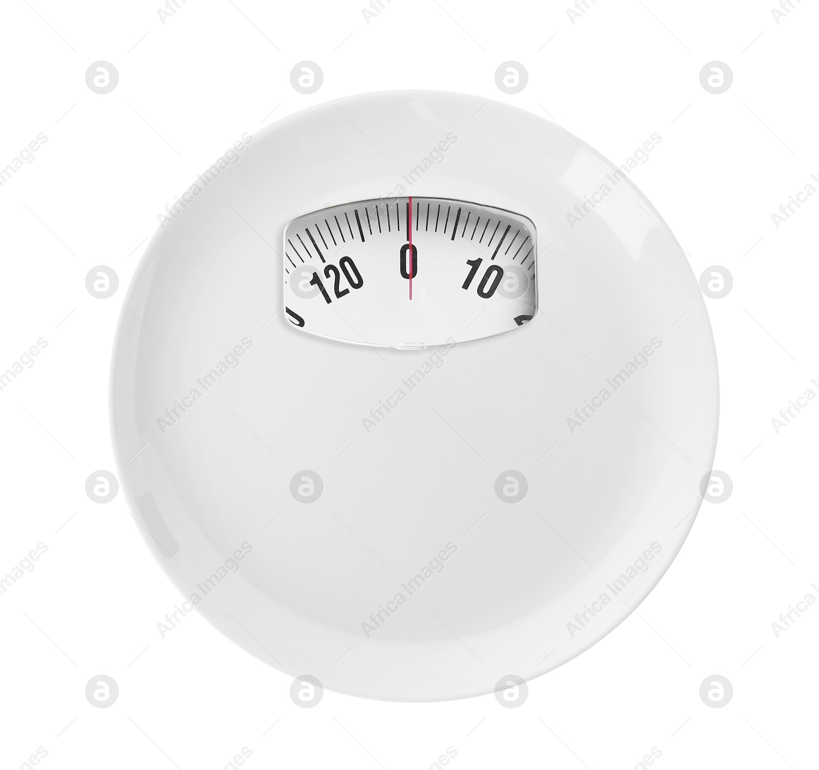 Image of Plate with analog weighing scale display isolated on white, top view