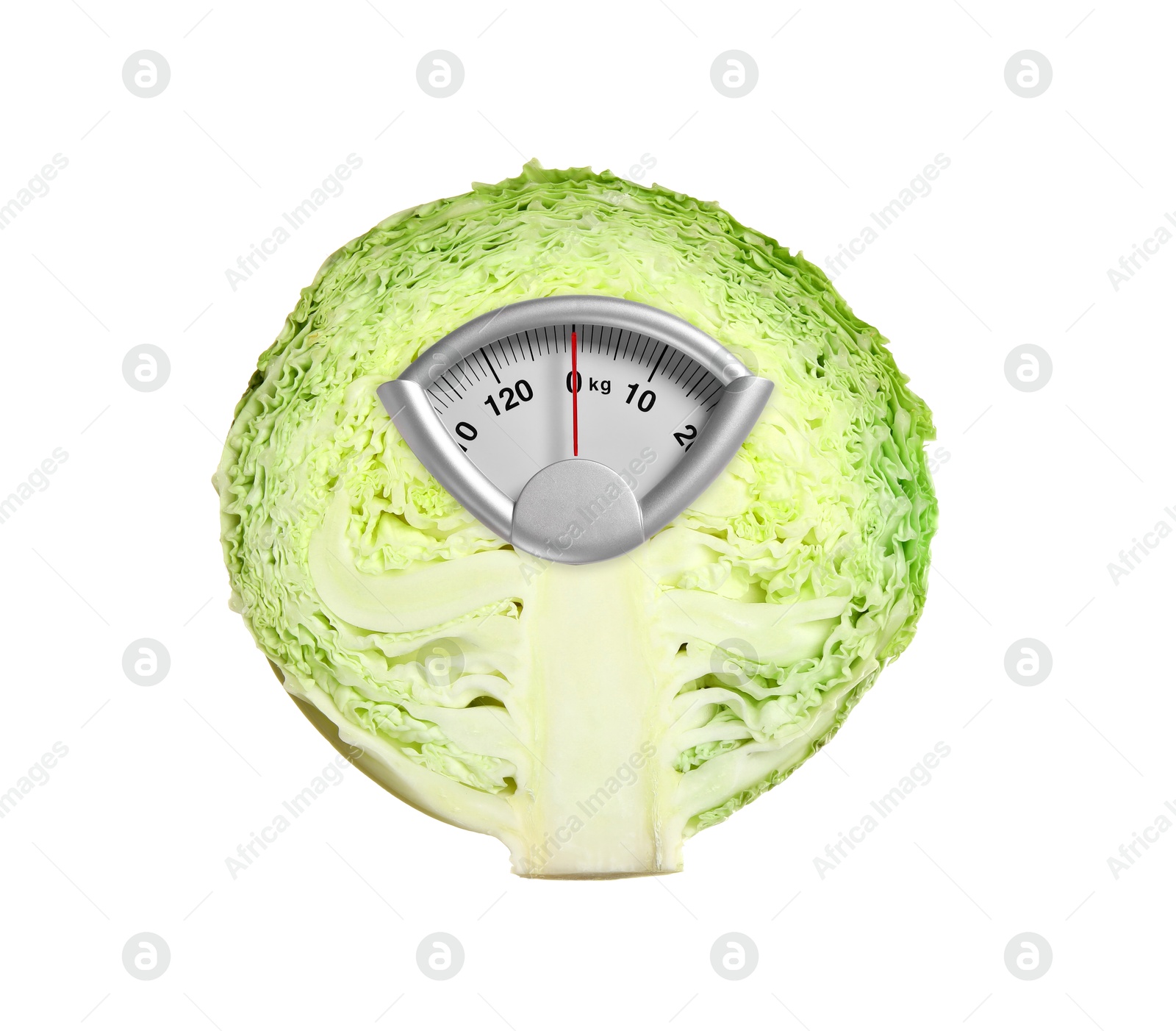 Image of Cabbage half with analog weighing scale display isolated on white