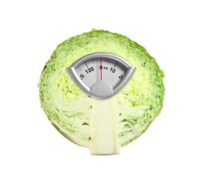 Image of Cabbage half with analog weighing scale display isolated on white