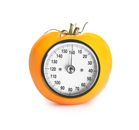 Yellow tomato with analog weighing scale display isolated on white