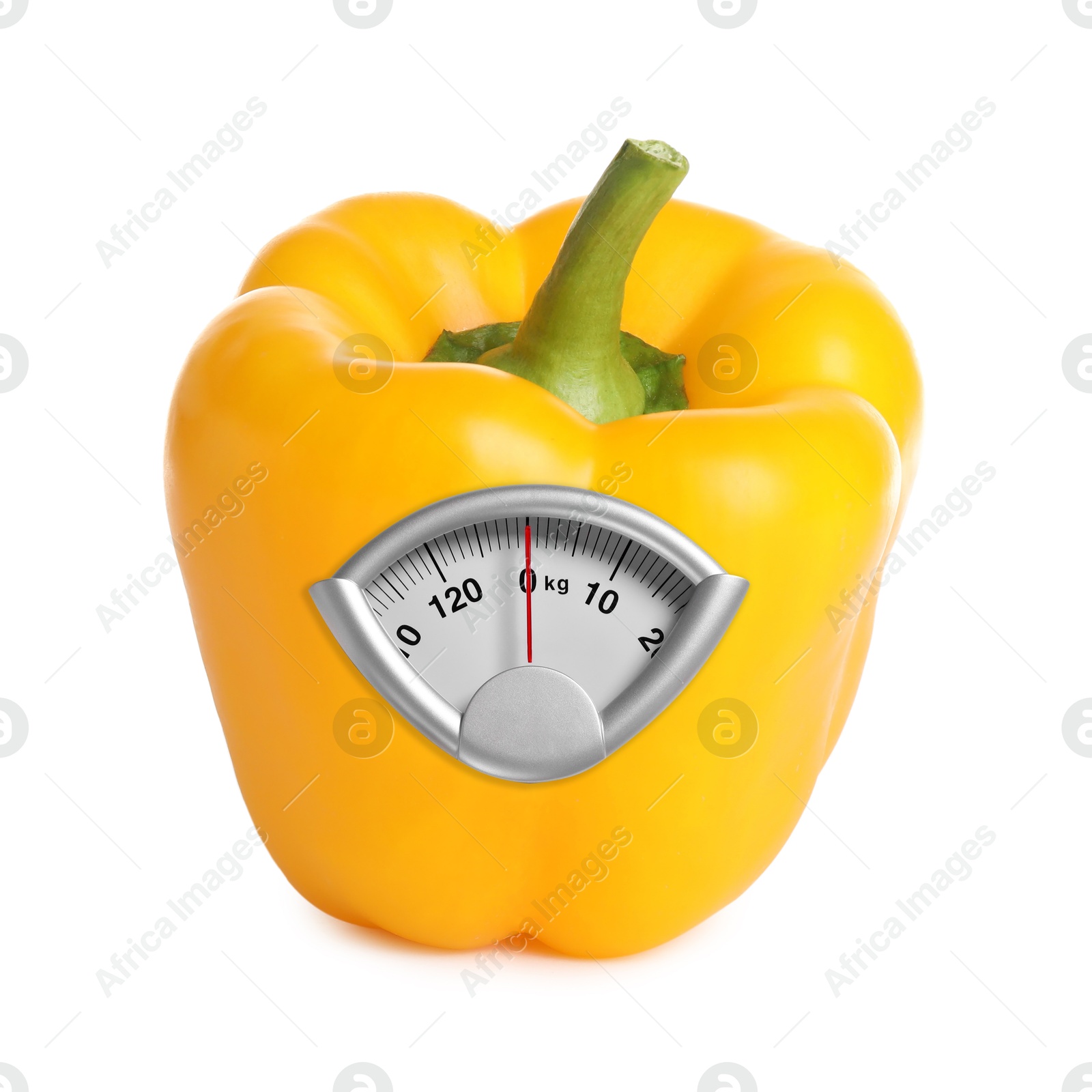 Image of Yellow bell pepper with analog weighing scale display isolated on white