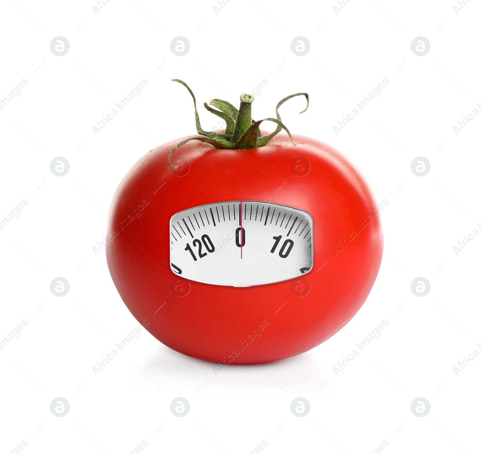 Image of Red tomato with analog weighing scale display isolated on white