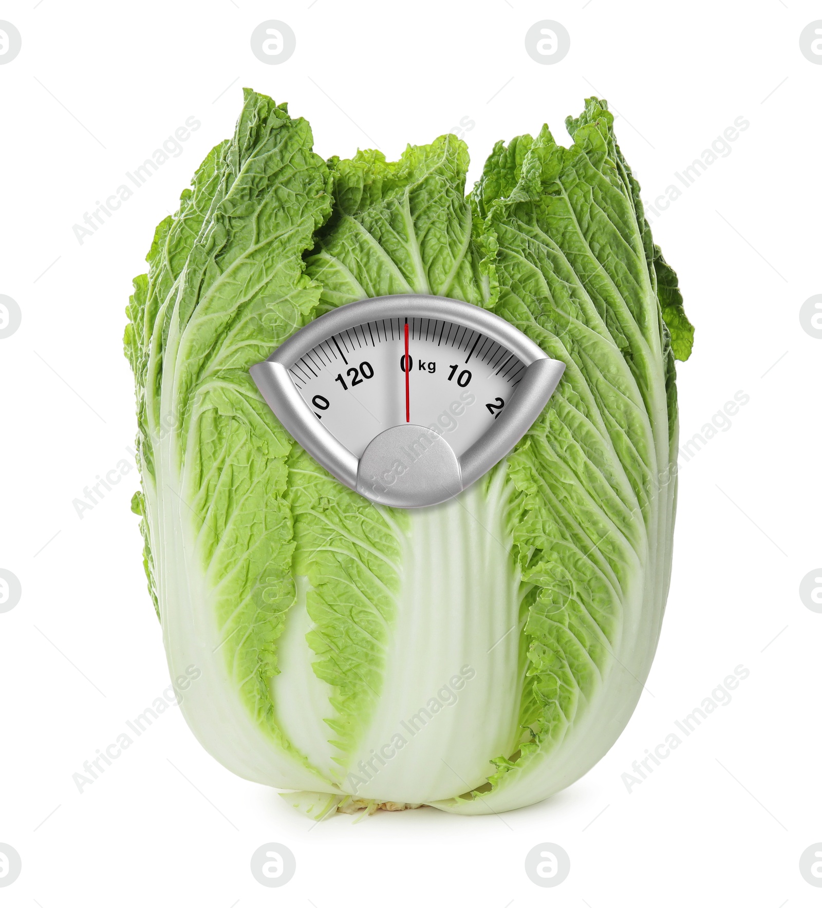 Image of Green cabbage with analog weighing scale display isolated on white