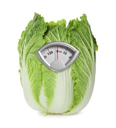 Image of Green cabbage with analog weighing scale display isolated on white