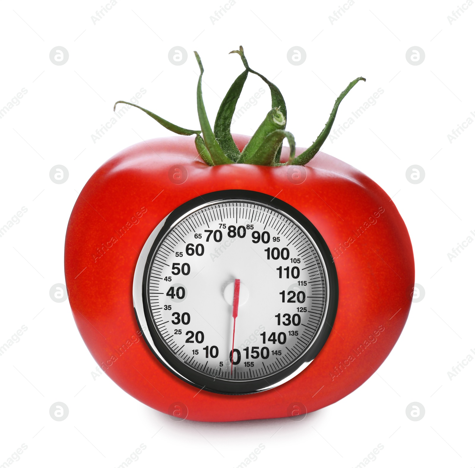 Image of Red tomato with analog weighing scale display isolated on white