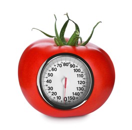 Red tomato with analog weighing scale display isolated on white