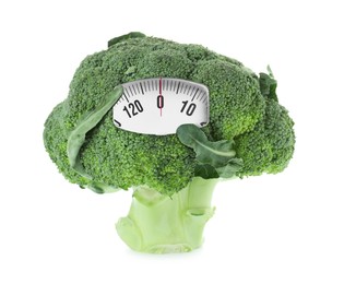 Broccoli pepper with analog weighing scale display isolated on white