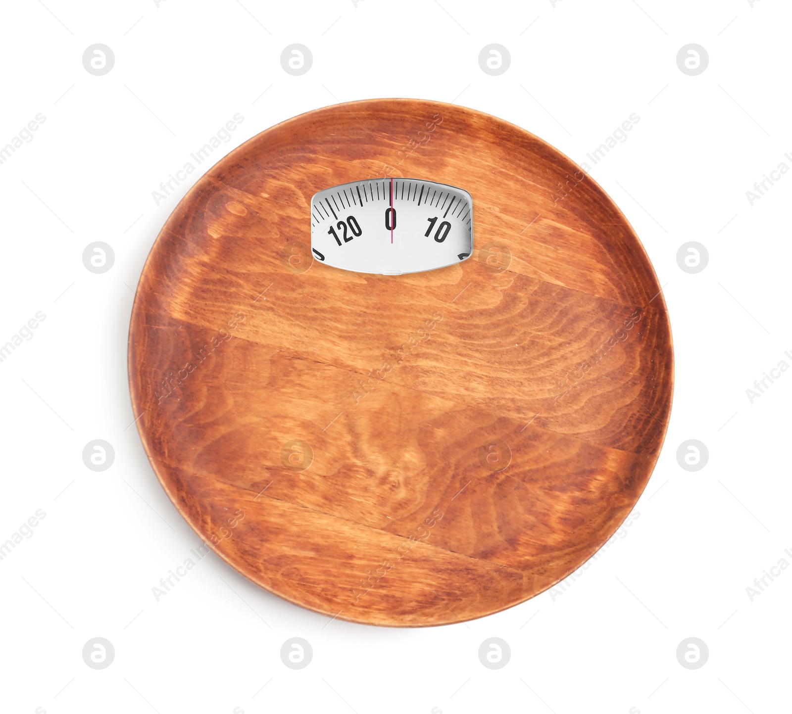 Image of Wooden plate with analog weighing scale display isolated on white, top view