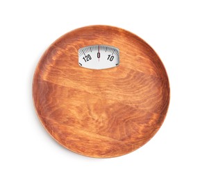 Image of Wooden plate with analog weighing scale display isolated on white, top view