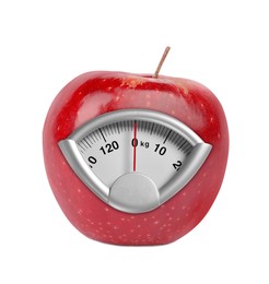 Image of Red apple with analog weighing scale display isolated on white