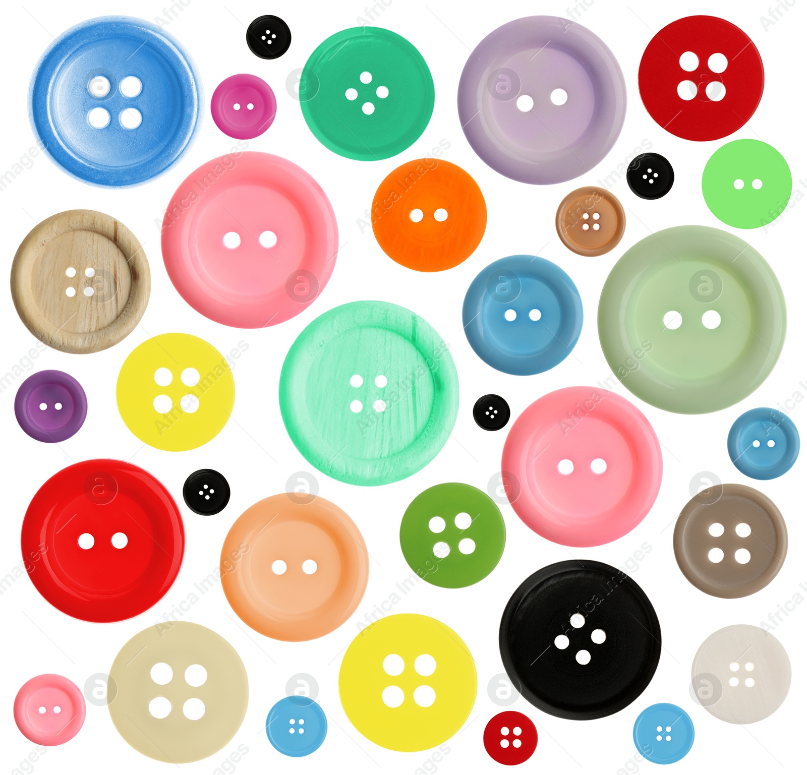 Image of Many different buttons isolated on white. Sewing accessory