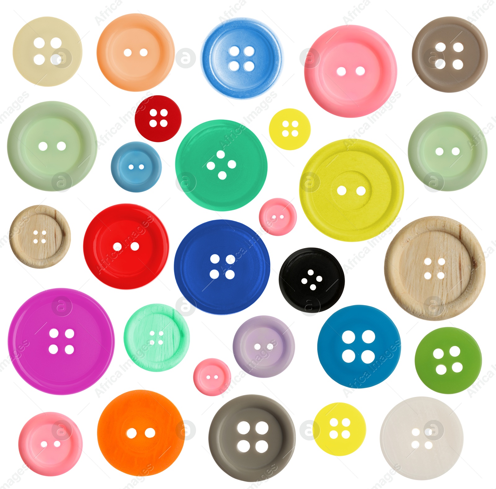 Image of Many different buttons isolated on white. Sewing accessory