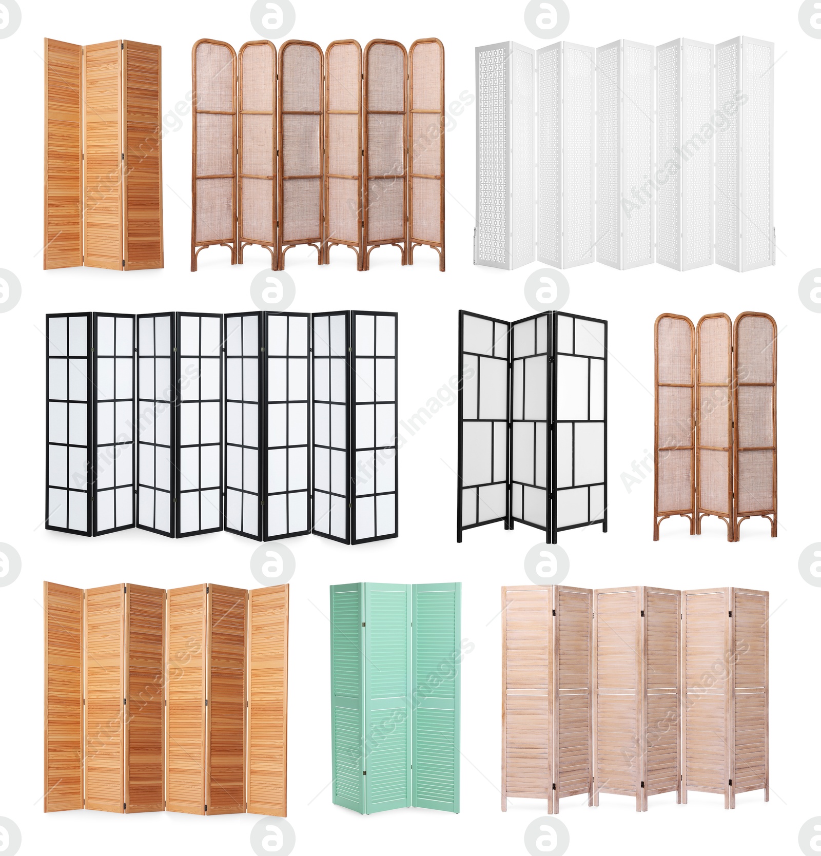 Image of Set of different folding screens isolated on white