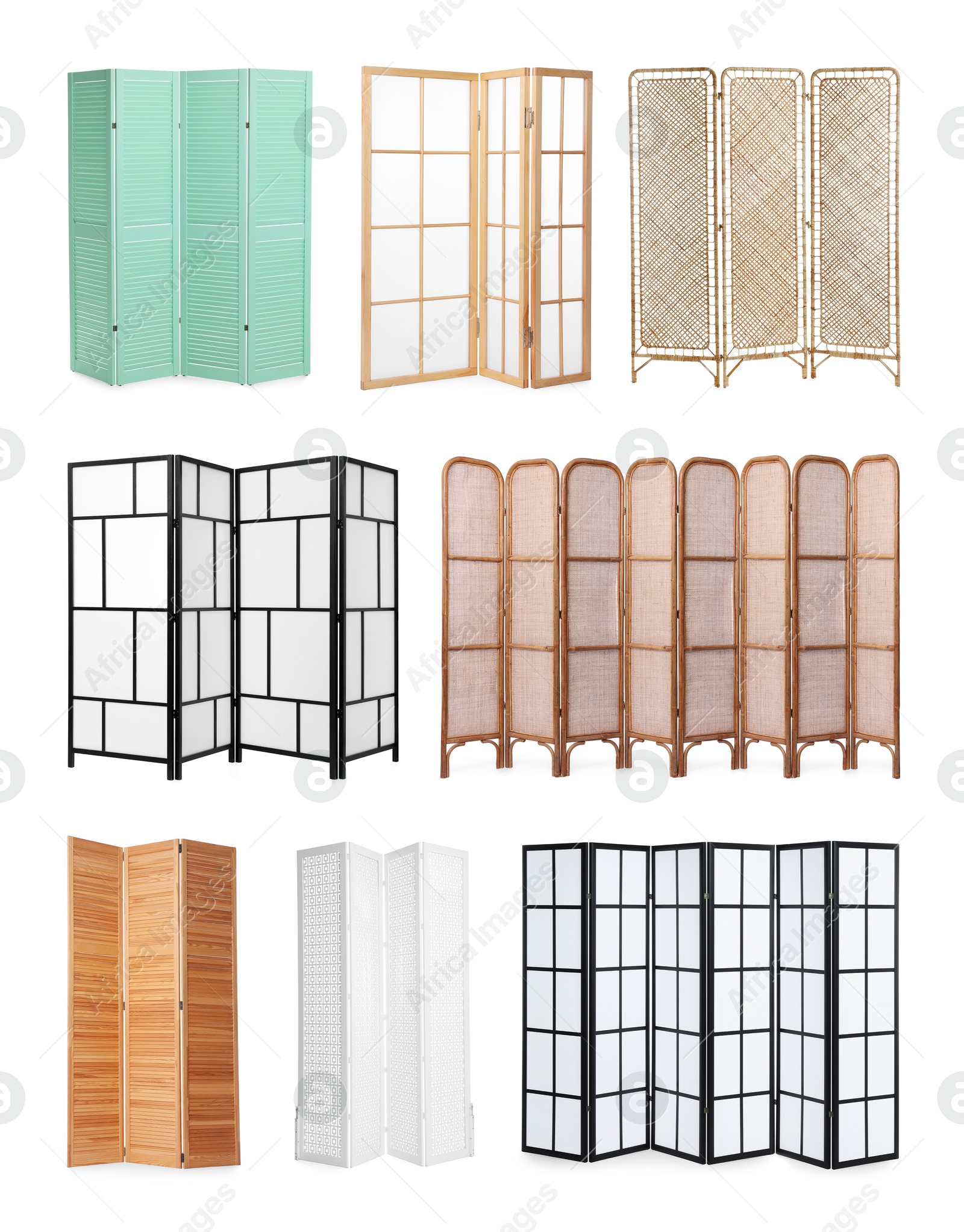 Image of Set of different folding screens isolated on white