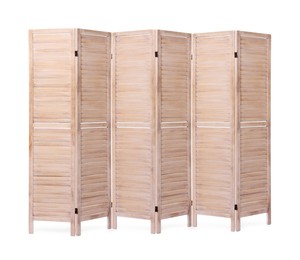 Wooden folding screen isolated on white. Stylish furniture