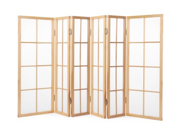 Image of Wooden folding screen isolated on white. Stylish furniture