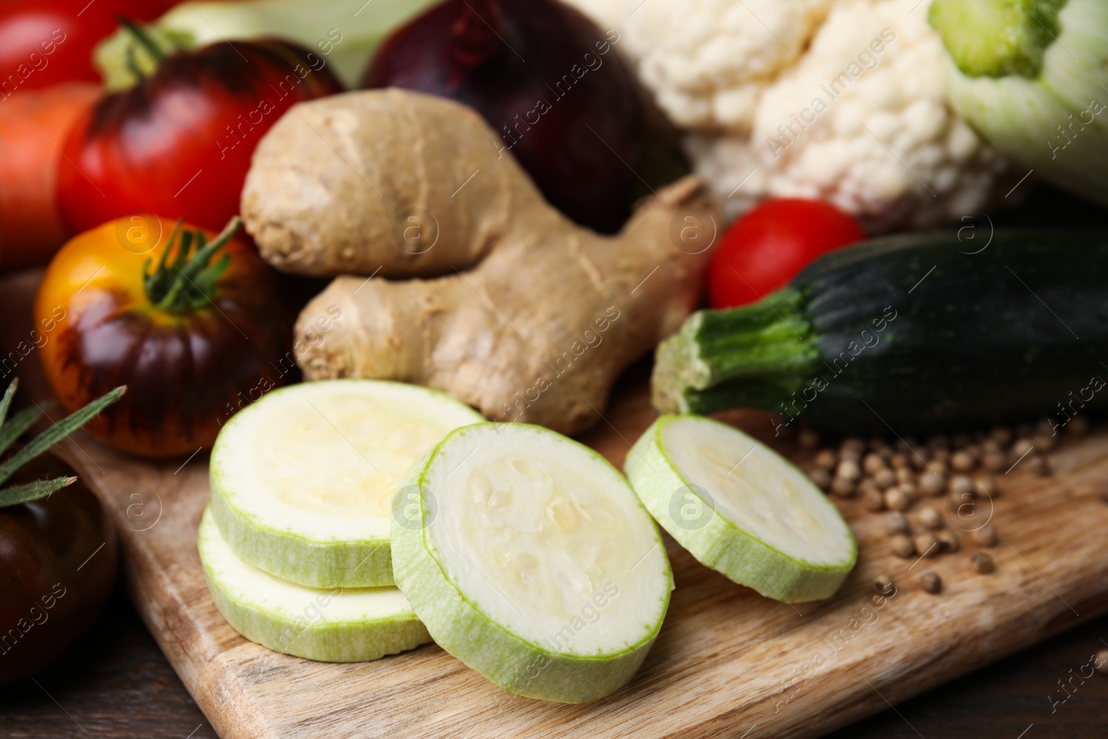 Photo of Cooking tasty stew. Different fresh vegetables on table