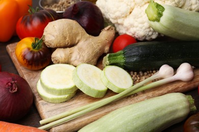 Cooking tasty stew. Fresh vegetables on table