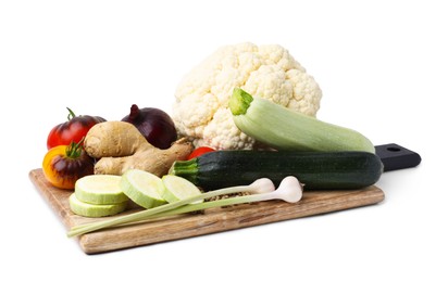 Photo of Cooking tasty stew. Different vegetables isolated on white