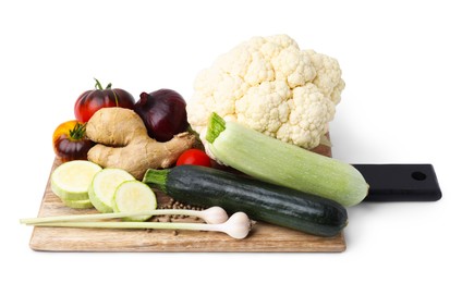 Photo of Cooking tasty stew. Different vegetables isolated on white