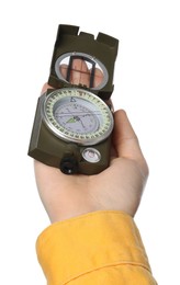 Woman holding compass on white background, closeup