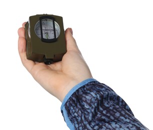 Photo of Woman holding compass on white background, closeup