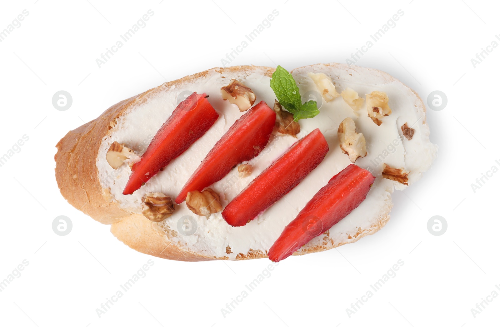 Photo of Delicious bruschetta with ricotta cheese, mint, walnuts and strawberries isolated on white, top view