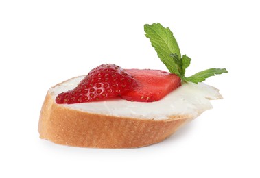 Photo of Delicious bruschetta with ricotta cheese, mint and strawberries isolated on white